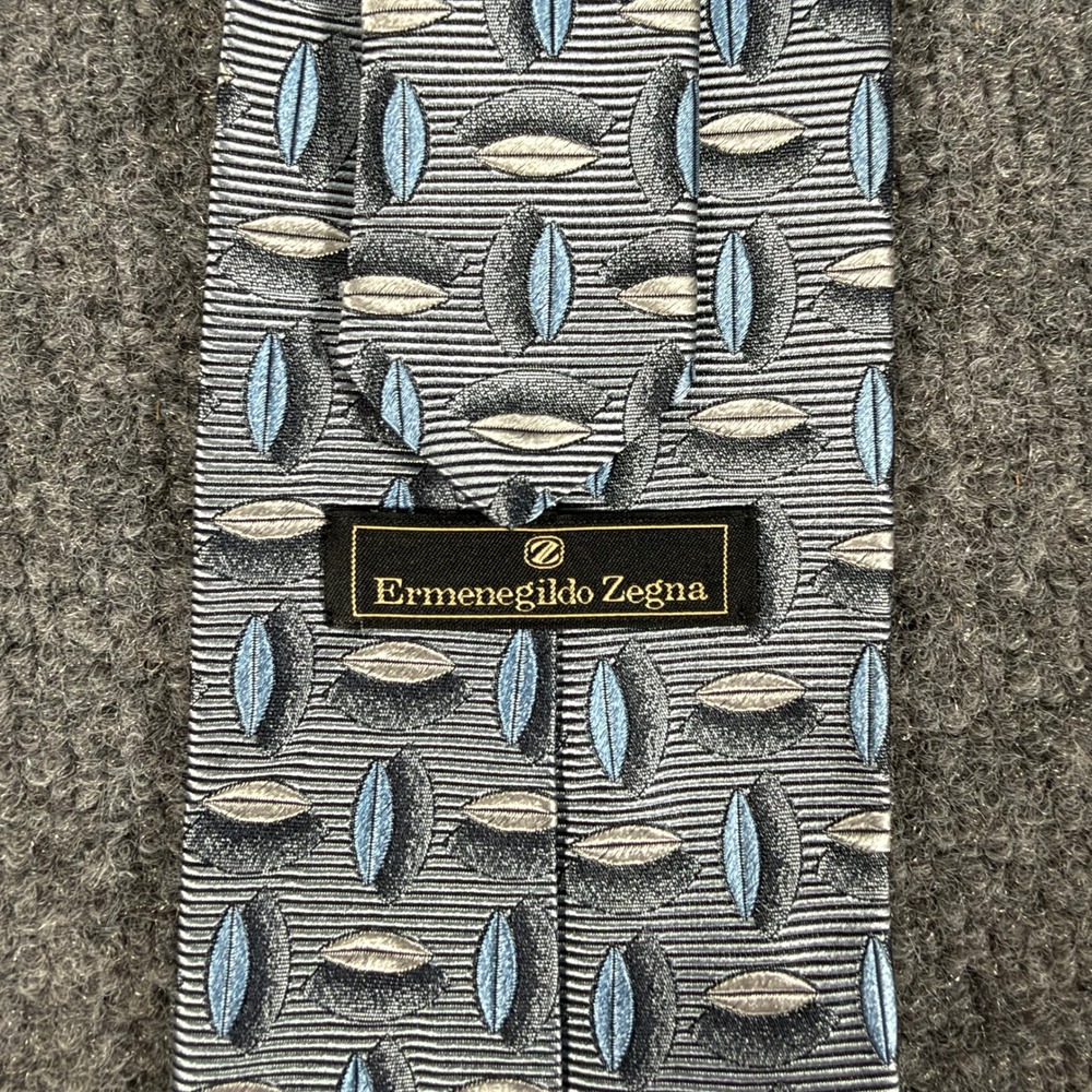 Ermenegildo Zegna Silk Tie Mens Grey Geometric Leaf Ribbed Made in Italy #4908